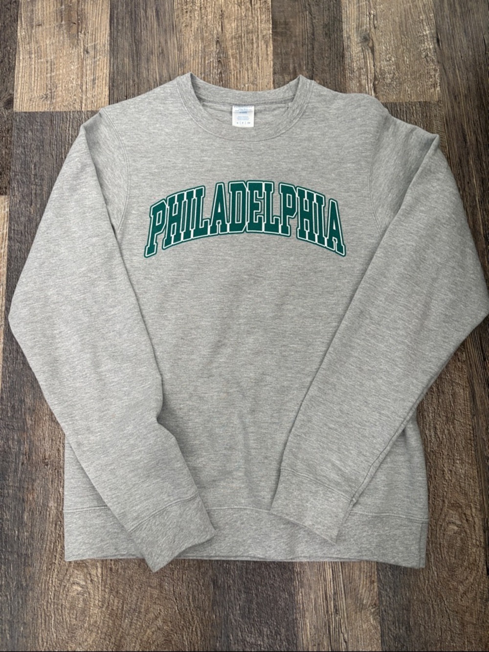 Philadelphia Gray Crewneck Sweatshirt with Green Lettering